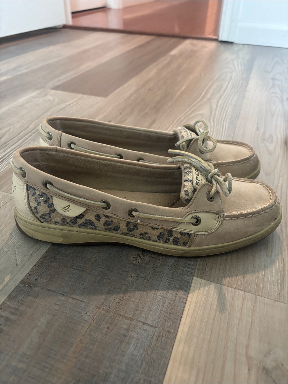 Sperry Taupe Leather Boat Shoes with Leopard Accent